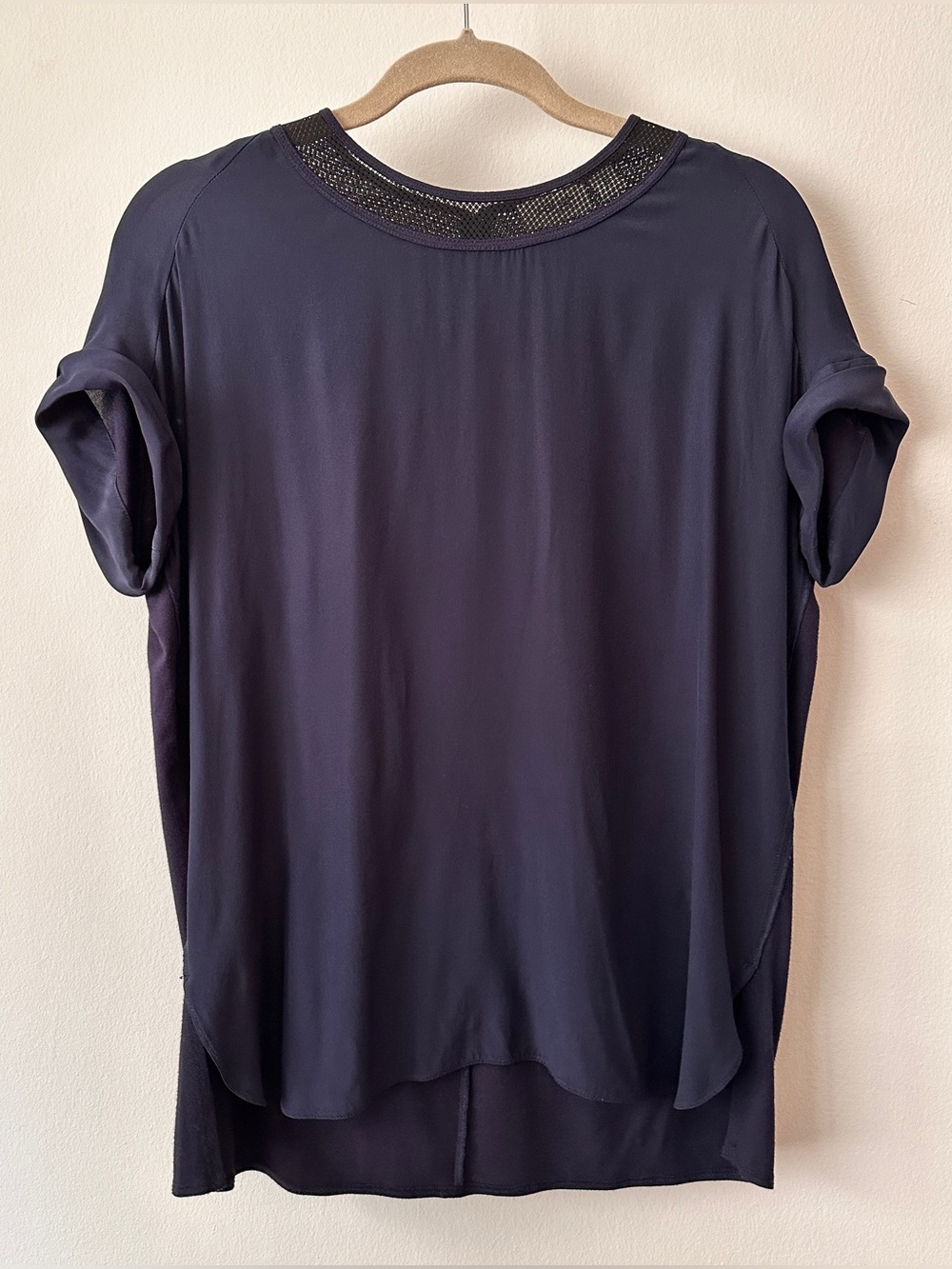 Per Se Womens Navy Short-Sleeve Silk Blouse - Lightweight Everyday Top